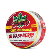 Load image into Gallery viewer, Silver tin packed with delectable raspberry CBD gummies.
