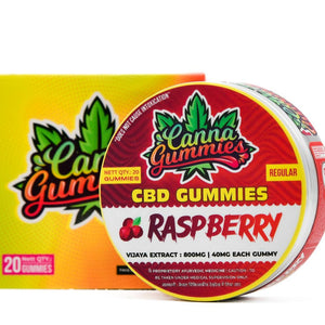 Convenient tin of chewy raspberry CBD gummies.