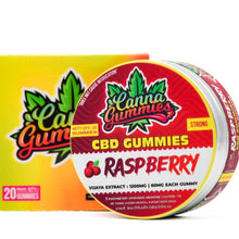 Load image into Gallery viewer, Circular container filled with fruity raspberry CBD treats.
