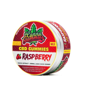 Compact tin holding refreshing raspberry CBD gummies.