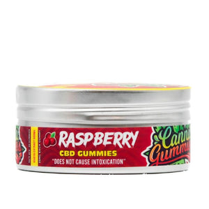 Stylish tin showcasing delicious raspberry CBD gummies.