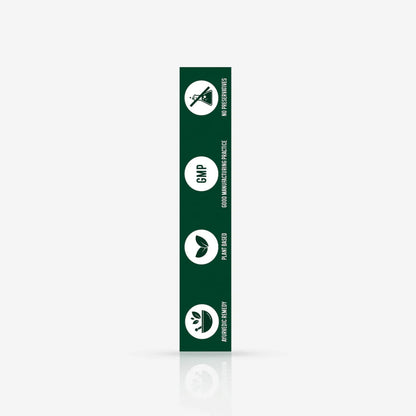Green label with certification icons on a white background