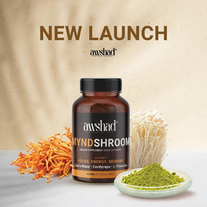 Ad for new Awshad 'MYNDSHROOM' health supplement with ingredients displayed: Vijaya Extract, Lion's Mane, Cordyceps, and powder.