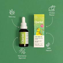 Load image into Gallery viewer, Qurist cat CBD oil bottle and box with text and icons describing product features.
