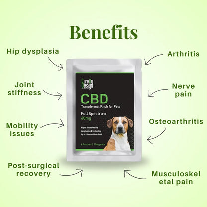 CBD patch for pets with labeled benefits on a green background