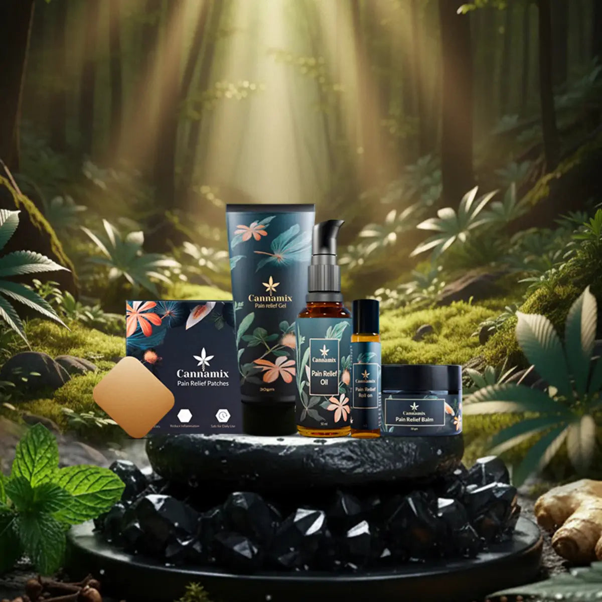 cannamix-complete-pain-relief-combo contains cannamix pain relief gel, pain balm, pain relief roll-on, pain relief patches.