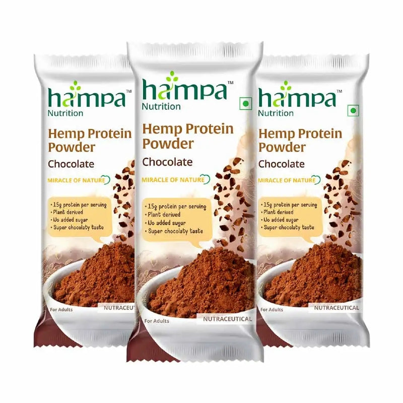 Three packages of Hampa Hemp Protein Powder Chocolate flavor on a white background