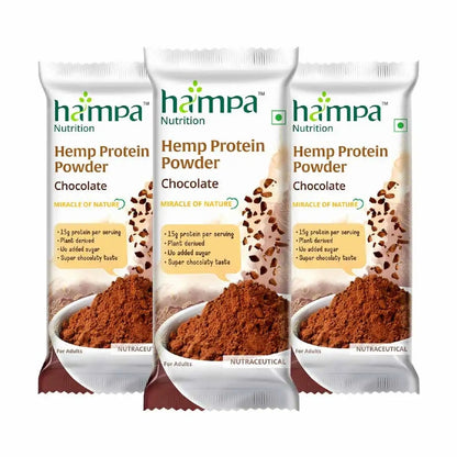 Three packages of Hampa Hemp Protein Powder Chocolate flavor on a white background