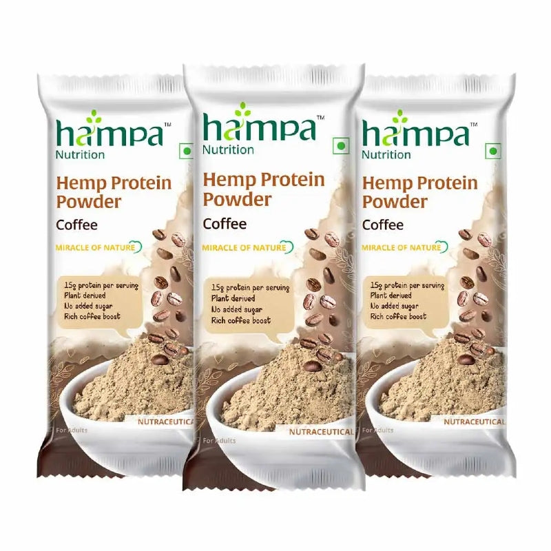 Three packages of hampa Hemp Protein Powder Coffee flavor on a white background