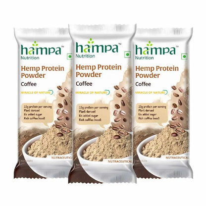Three packages of hampa Hemp Protein Powder Coffee flavor on a white background