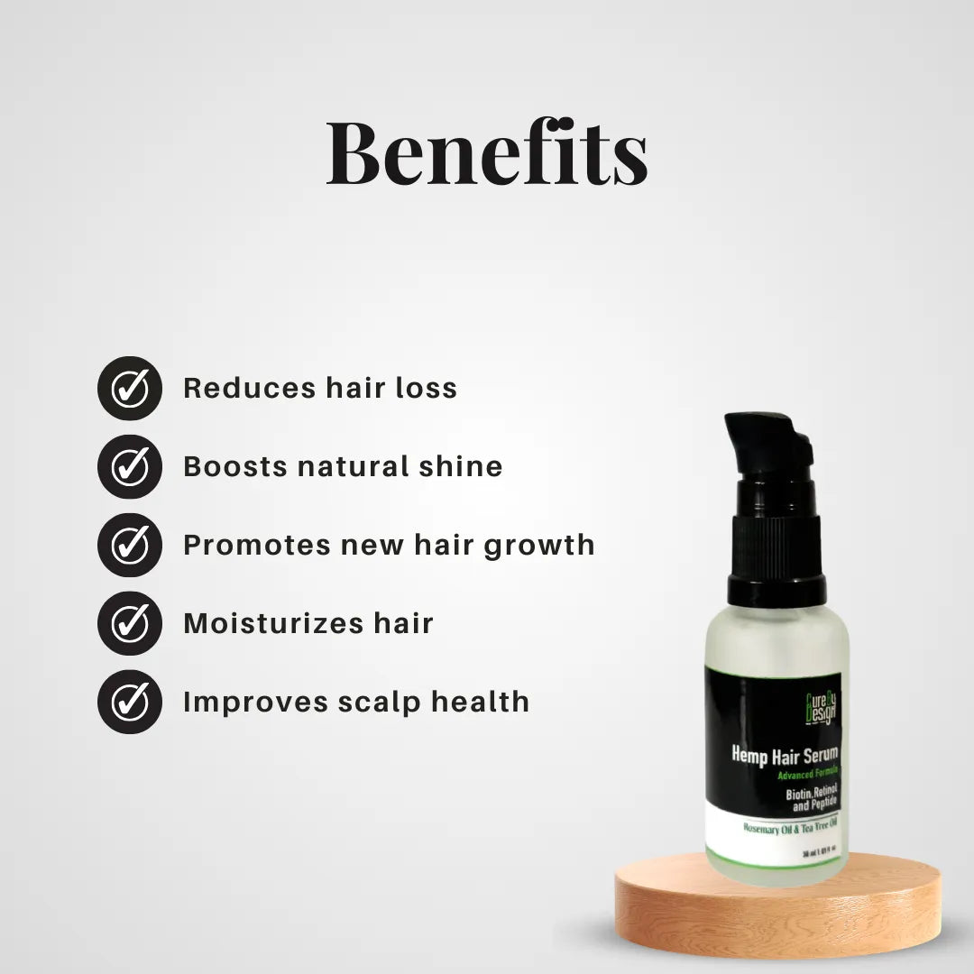 Hemp hair serum bottle with benefits listed on a light gray background