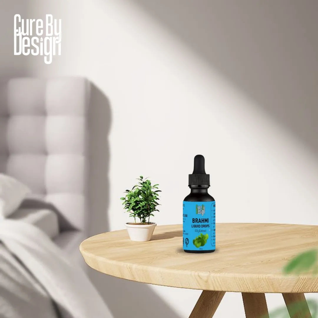 Bottle of Brahmi liauid drops on a wooden table with a plant in the background