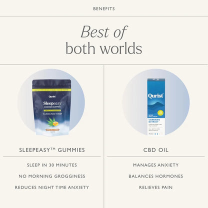 Qurist "Best of both worlds" comparison: Sleepeasy Gummies and CBD Oil benefits listed.

