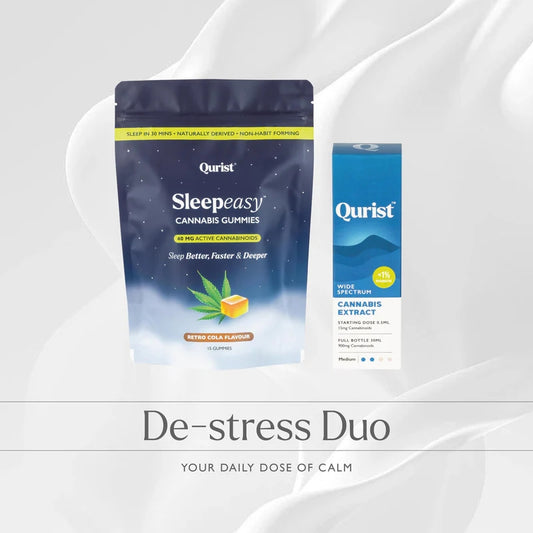 The Qurist De-stress Duo pack: Sleepeasy Gummies and Cannabis Extract bottle shown. 

