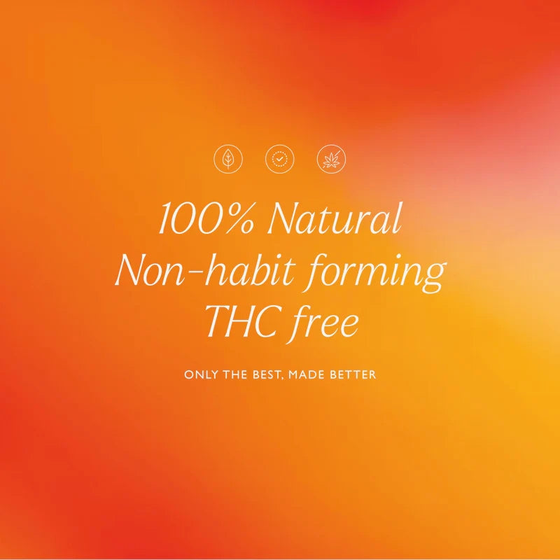 Ad: "100% Natural, Non-habit forming, THC free." on an orange gradient.