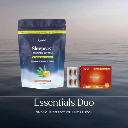 Qurist Essentials Duo product shot: Sleepeasy Gummies and Painaway Pills on a sea background.