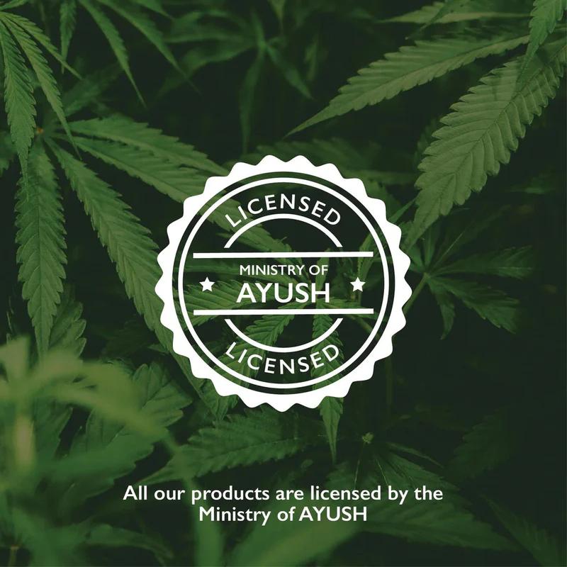 Licensed by the Ministry of Ayush emblem on a background of cannabis leaves