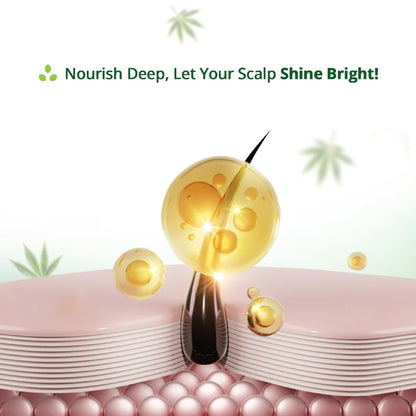Product advertisement with gold droplet and scalp illustration on a light green background