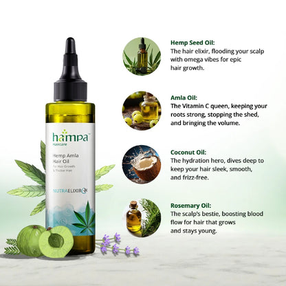 Hemp Amla Hair Oil bottle with ingredients listed on a light background