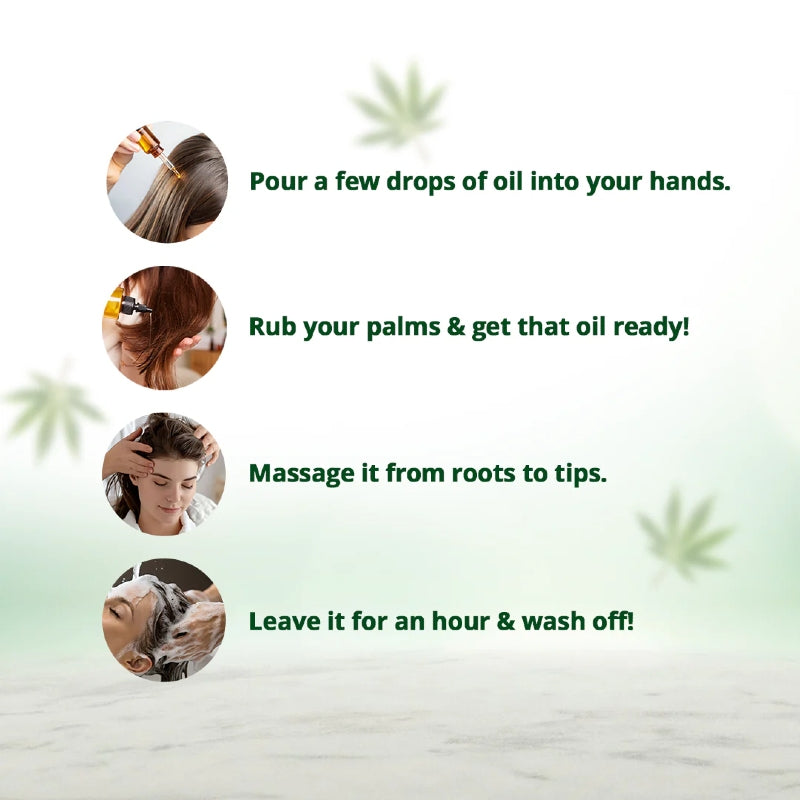 Step-by-step guide for using a hair oil product with circular images and text on a light green background.