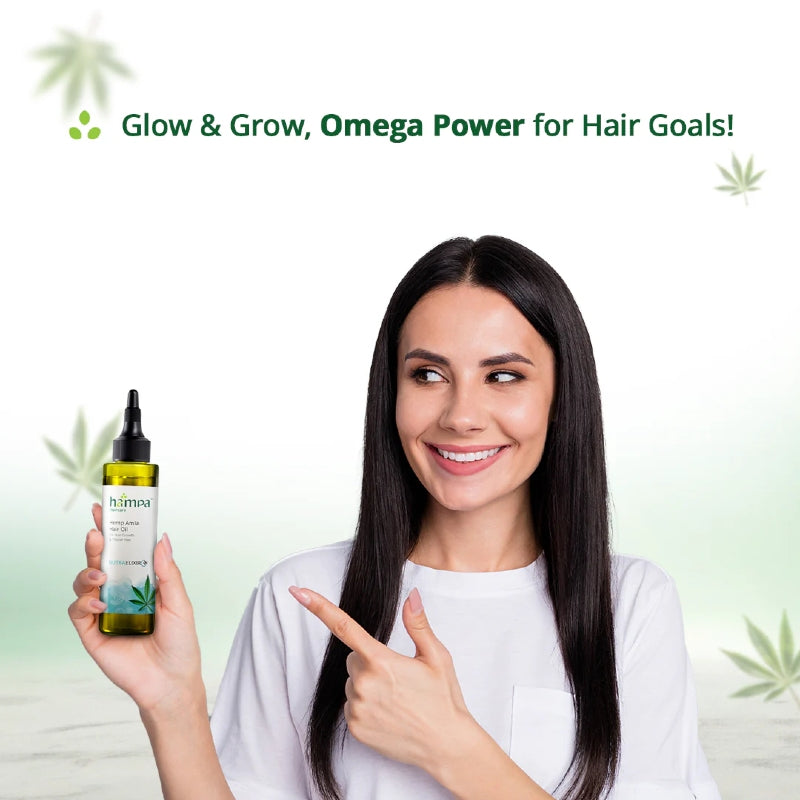 Woman with long hair holding a bottle of 'Glow & Grow' product with text 'Omega Power for Hair Goals!' on a light green background.