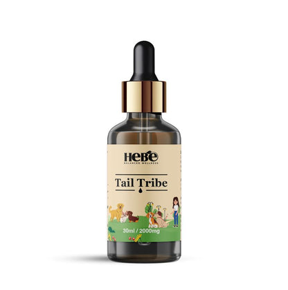 Brown glass dropper bottle of Hebe Wellness Pet CBD oil labeled "Tail Tribe" with dog illustrations.

