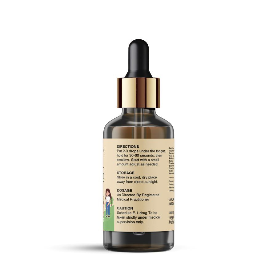 Glass bottle with a gold dropper cap containing hebe wellness Pet CBD oil with a cream-colored label.

