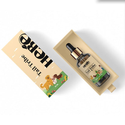 Open box with Hebe Wellness Pet CBD oil and dropper bottle, featuring dog illustrations.

