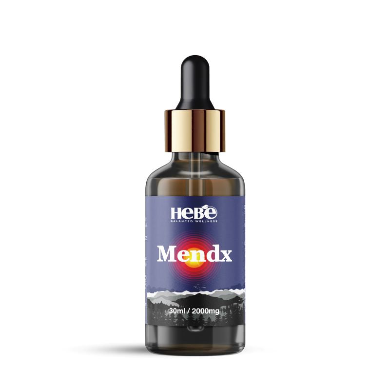Hebe Wellness 30ml CBD oil bottle labeled Mendx with a blue label and sunset graphic.

