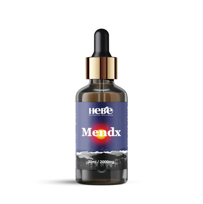 Hebe Wellness 30ml CBD oil bottle labeled Mendx with a blue label and sunset graphic.

