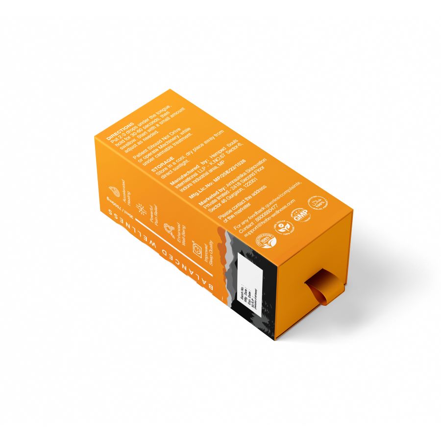 Orange rectangular Hebe Wellness CBD Oil packaging box with white text and a black section with a label.

