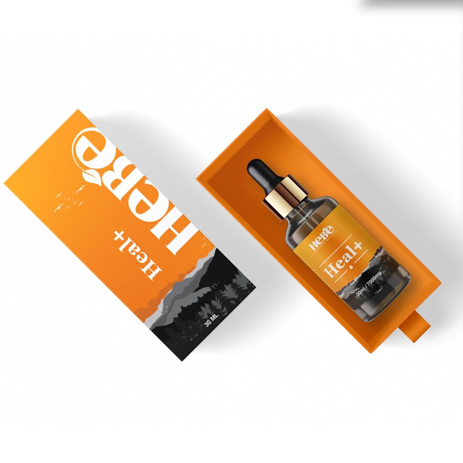 Orange box with Hebe wellness CBD oil bottle labeled "Heal+.