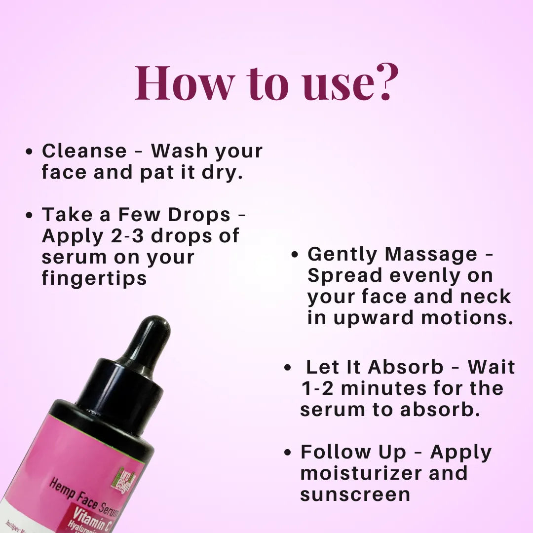 Cure By Design Hemp Face Serum  bottle with usage instructions on a pink background