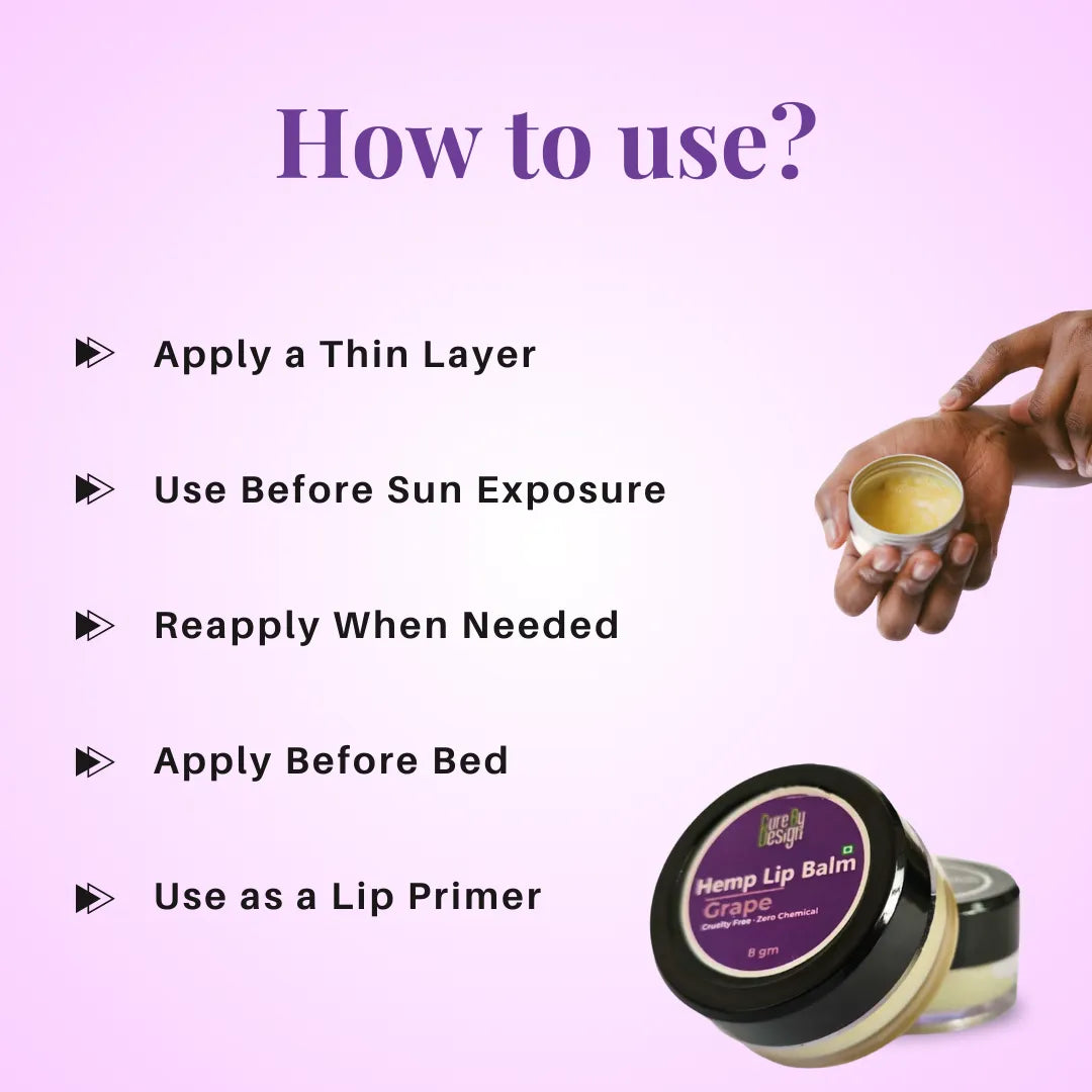 Hemp lip balm with usage instructions on a pink background