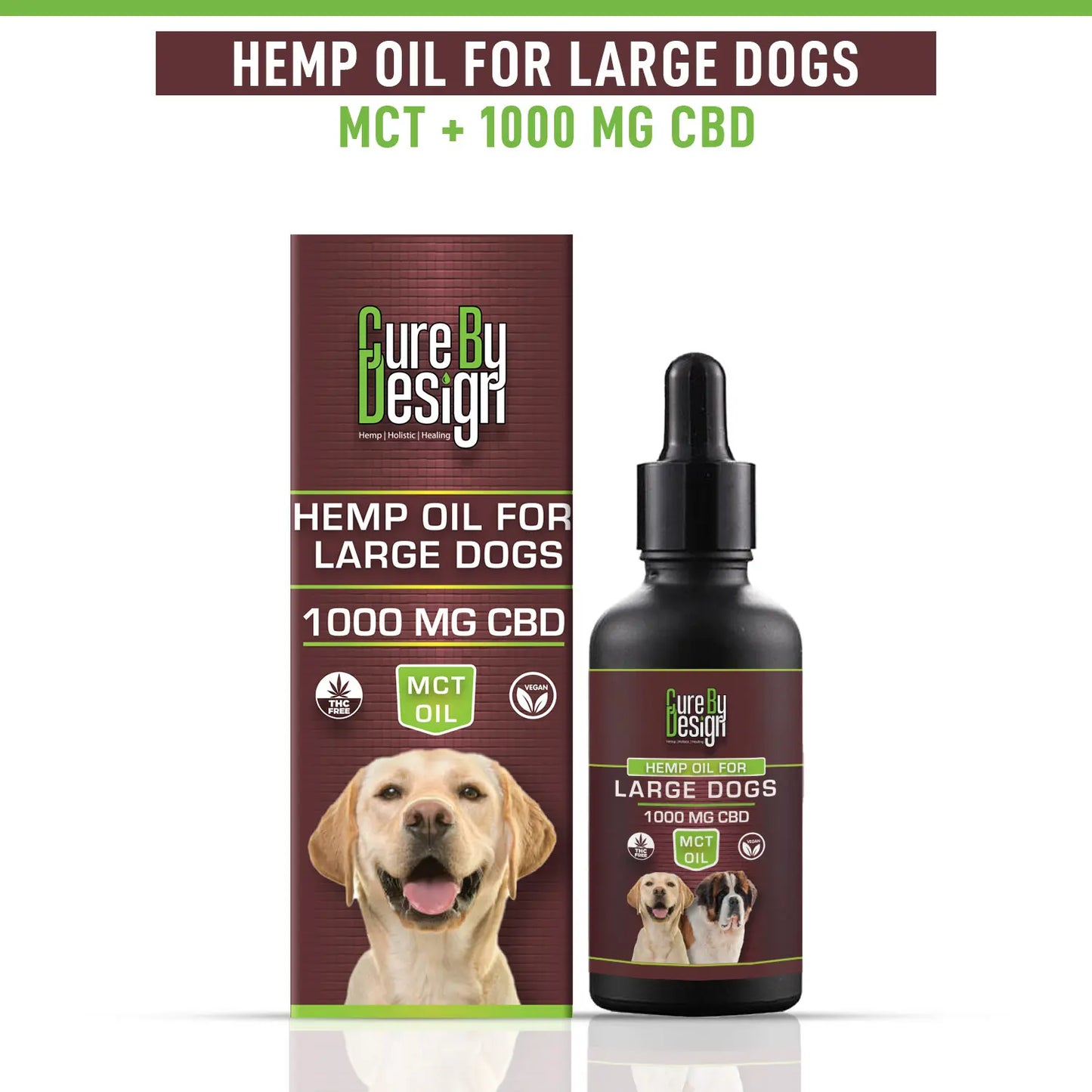 Cure By Design hemp oil for large dogs with bottle and packaging on a white background