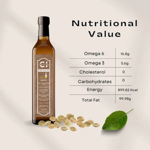 a bottle of hempssed oil by cannazo india, and its nutritional value listed for sale at cbd shop of india