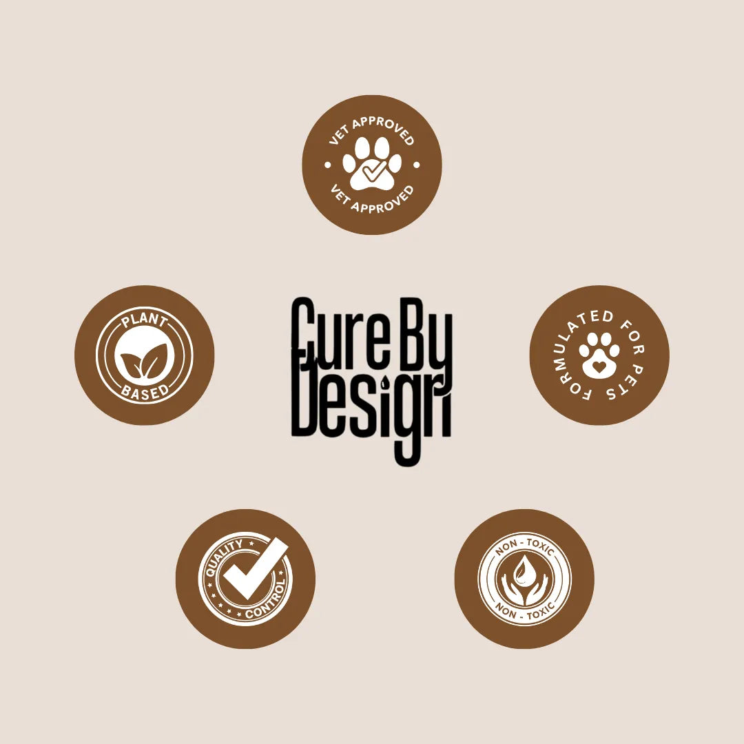 Collection of logos and badges with 'Cure By Design' text on a beige background