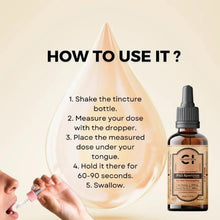 Load image into Gallery viewer, a bottle of full-spectrum cbd tincture, user instructions listed in a oil drop graphic. 
