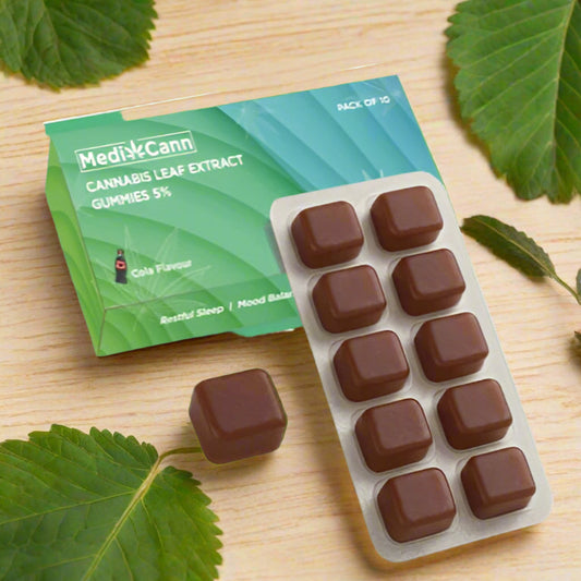 MediCann cannabis extract gummies packaging on a green background