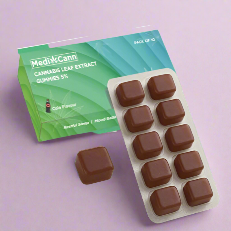 Cannabis leaf extract gummies with packaging on a light purple background