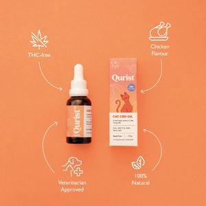 A bottle and box of Qurist Cat CBD Oil with surrounding icons indicating it's THC-free, chicken-flavored, veterinarian approved.