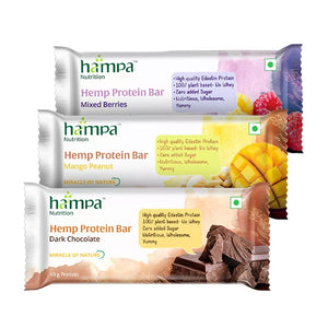 Three packages of Hampa Hemp Protein Bars on a white background