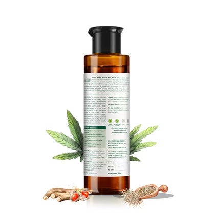 Bottle of Hemp herbal liquid with leaves and roots on a white background
