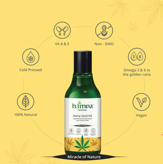 Hemp Seed Oil bottle with certification icons.