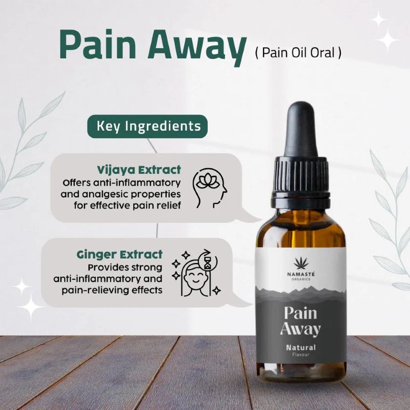 Pain Away CBD Oil bottle with key ingredients highlighted on a wooden surface.