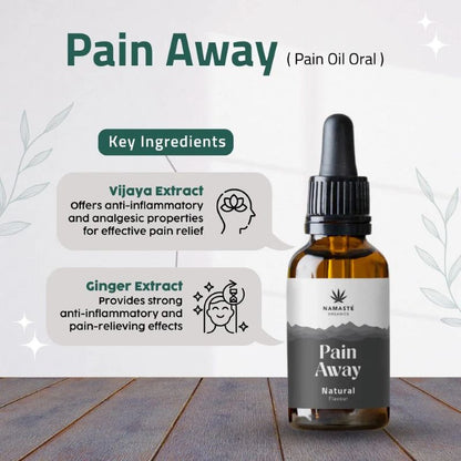 Pain Away CBD Oil bottle with key ingredients highlighted on a wooden surface.