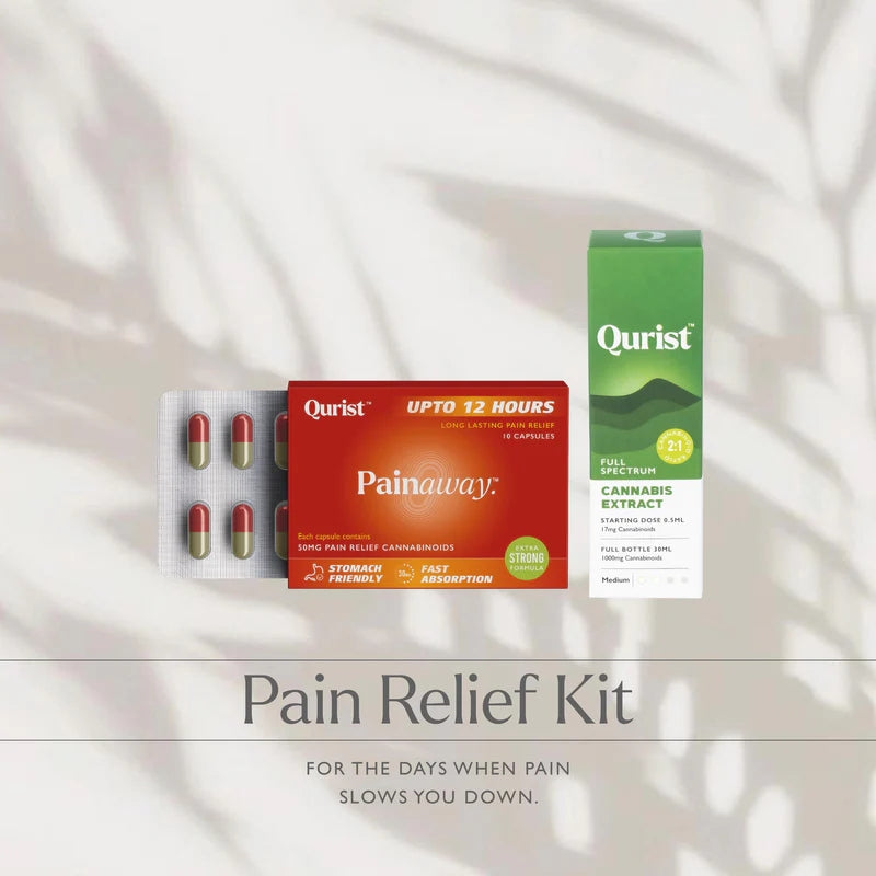 Qurist Pain Relief Kit: Painaway Pills and CBD+THC Cannabis Extract bottle shown on white.

