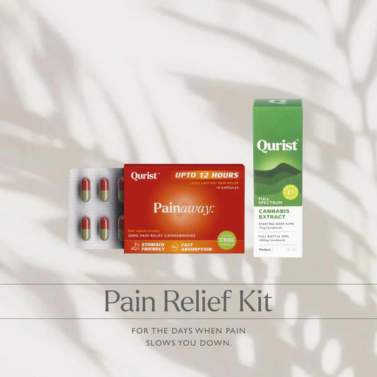 Qurist Pain Relief Kit: Painaway Pills and CBD+THC Cannabis Extract bottle shown on white.

