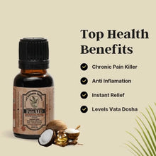 Load image into Gallery viewer, A small bottle of cannazo Pain Aid essential oil is displayed beside coconuts and a green plant, with text listing its benefits: chronic pain killer, anti-inflammatory, instant relief, and levels vata dosha.  listed for sale CBD Shop of India
