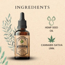 Load image into Gallery viewer, An  amber bottle of Cannazo India Pain-XD with dropper, featuring hemp seed oil and Cannabis Sativa Linn. labels. Background includes a plant illustration and text listing the ingredients.
